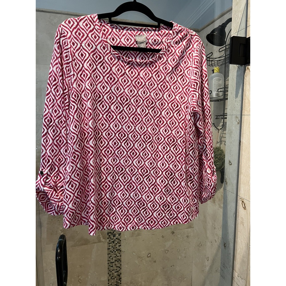 Chico's The Ultimate Tee Blouse Pink Geometric Print Tunic Top Women's Size 2 2X